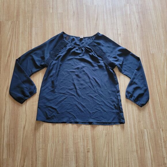 Old Navy Top Shirt Womens Medium Black Lace Detail Balloon Sleeve Office Neutral - Picture 2 of 11